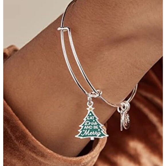 Alex and Ani EAT, DRINK, AND BE MERRY Shiny Silver Charm Bangle Bracelet New - Picture 2 of 13